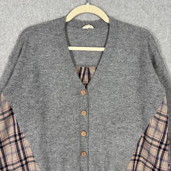 Hem Thread Cardigan Sweater Womens Small Grey Plaid Button Grandpa Grunge Preppy - Picture 3 of 10
